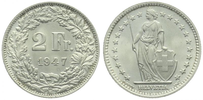 2 Franken 1947 B unzirkuliert Fehlprägung